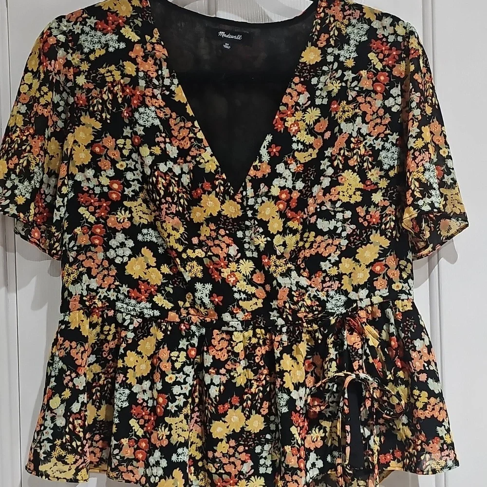Madewell Floral V-Neck Top - Black and Orange Size XS - Picture 2 of 2